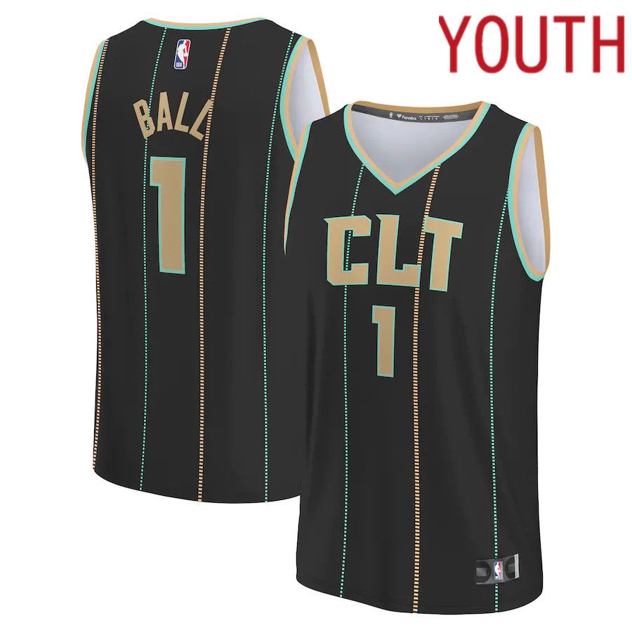 Youth Charlotte Hornets LaMelo #1 Ball Fanatics Branded Black City Edition 2022-23 Fastbreak NBA Jersey